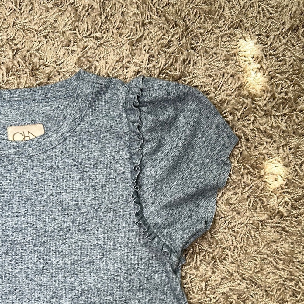 Chaser Blue Short Sleeve Knit Ruff Edge‎ Hem Tee with Puff Sleeves Size Medium - Picture 5 of 7
